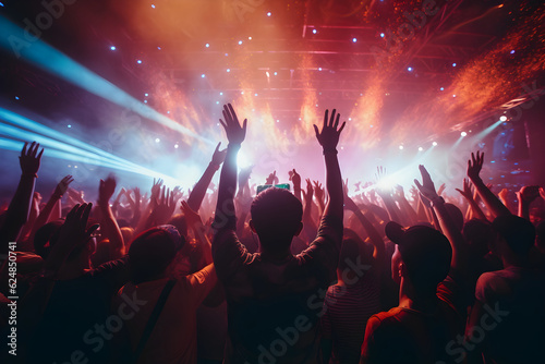 A crowd of people at a live event, concert or party. Large audience, crowd, or participants of a live event, in a arena type venue with bright lights above. Generative AI.