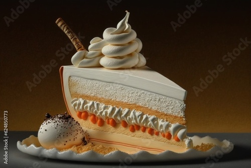 Cake with whipped cream and macaroons on a dark brown background