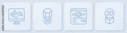 Set line 3D printer software, setting, and Isometric cube. White square button. Vector