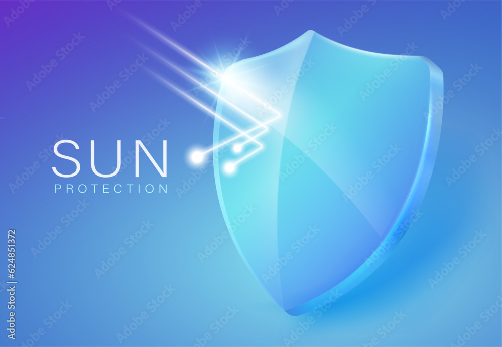 Ultraviolet light shield The screen protects the sun from UV rays. Advertising symbol icon. Sunscreen, skin care, lotion. Realistic vector file. - obrazy, fototapety, plakaty 