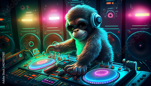 Foto Funny monkey dj at turn table console, disco edm party, night club illustration