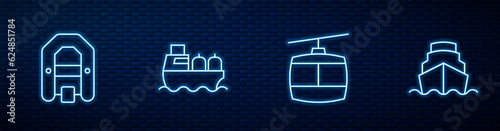 Set line Cable car, Rafting boat, Oil tanker ship and Cruise. Glowing neon icon on brick wall. Vector