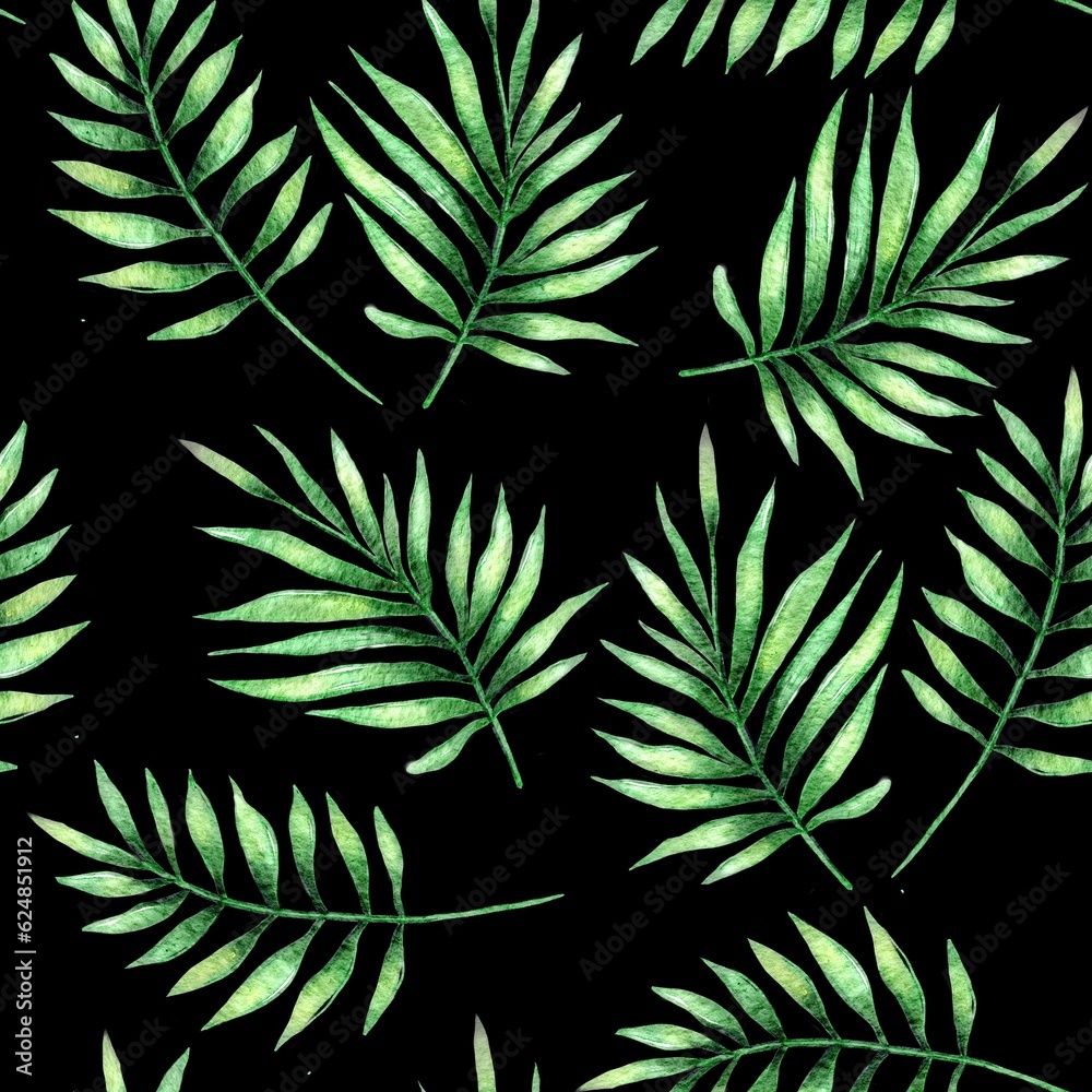 Tropical botany palm leaves watercolor drawing seamless pattern.