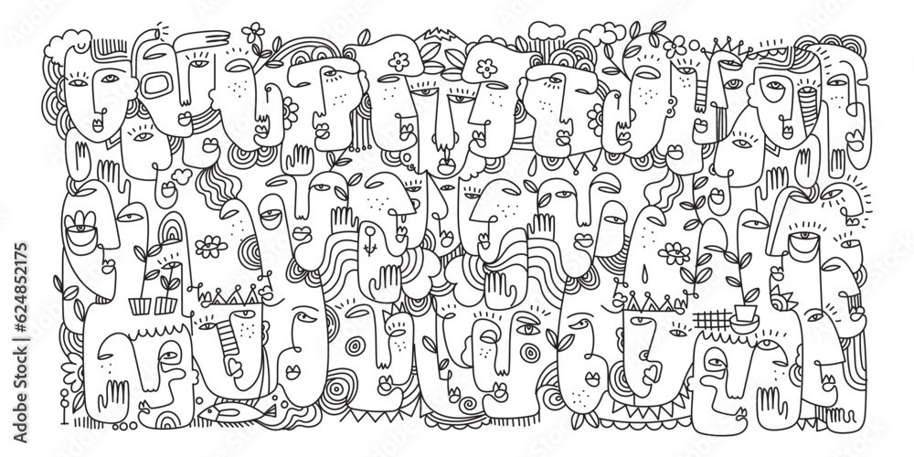 Various faces portrait of people line drawing black and white vector illustration.