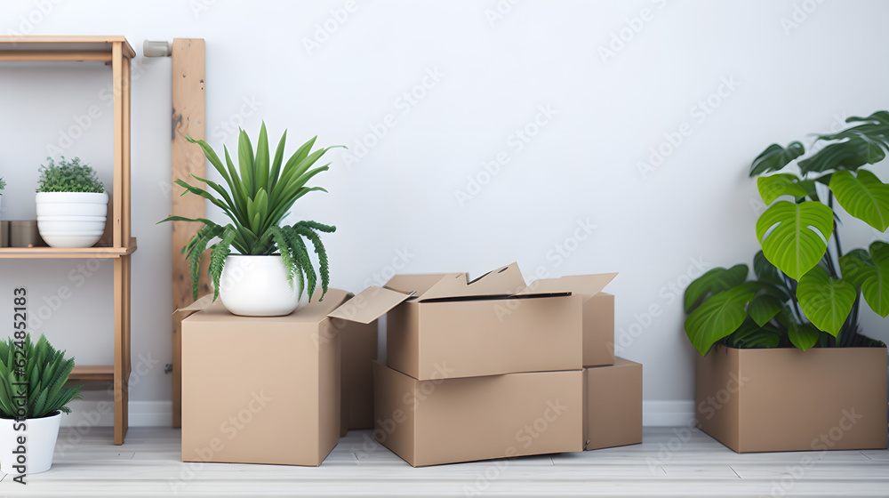 引越し、段ボール箱、新居の背景|Moving, cardboard boxes, new house background, Generative AI 引越し、段ボール箱、新居の背景|Moving, cardboard boxes, new house background, Generative AI