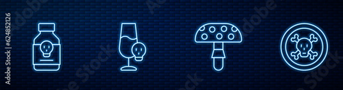 Set line Fly agaric mushroom, Poisoned pill, alcohol and Bones and skull. Glowing neon icon on brick wall. Vector