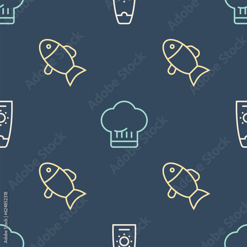 Set line Sunscreen cream in tube, Fish and Chef hat on seamless pattern. Vector