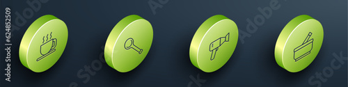 Set Isometric line Cup of tea, Sauna ladle, Hair dryer and Mortar and pestle icon. Vector