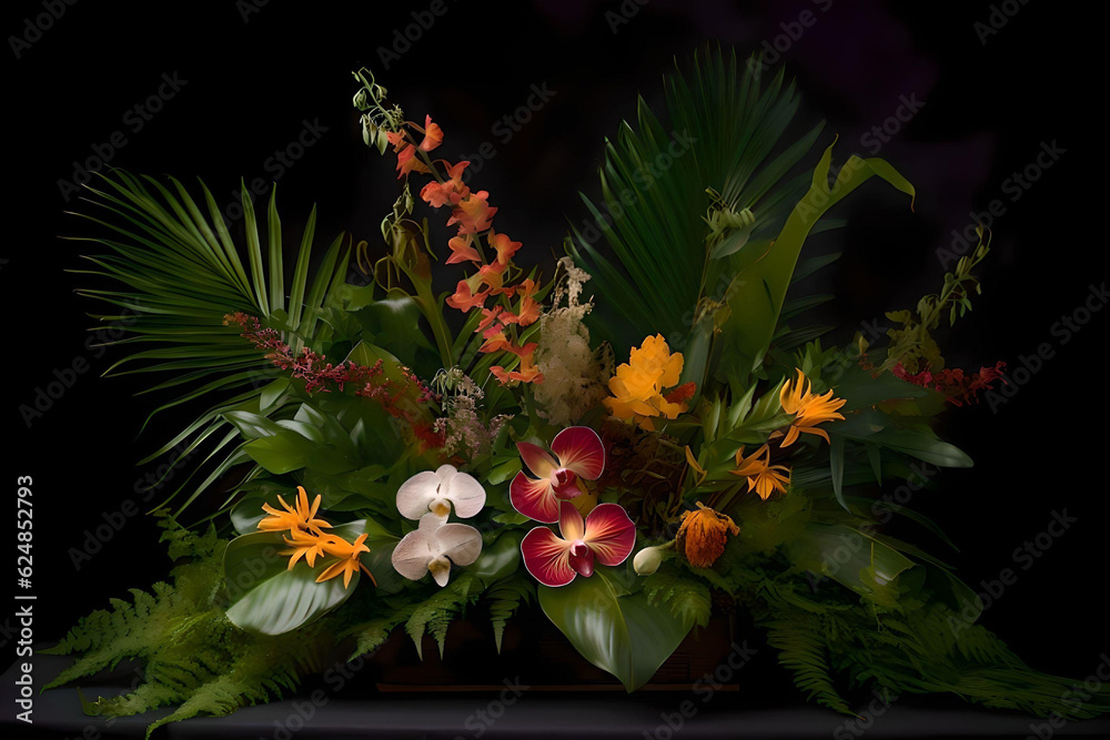 A vibrant tropical scene with a lush bush adorned with flowers. A vibrant tropical scene with a lush bush adorned with flowers.