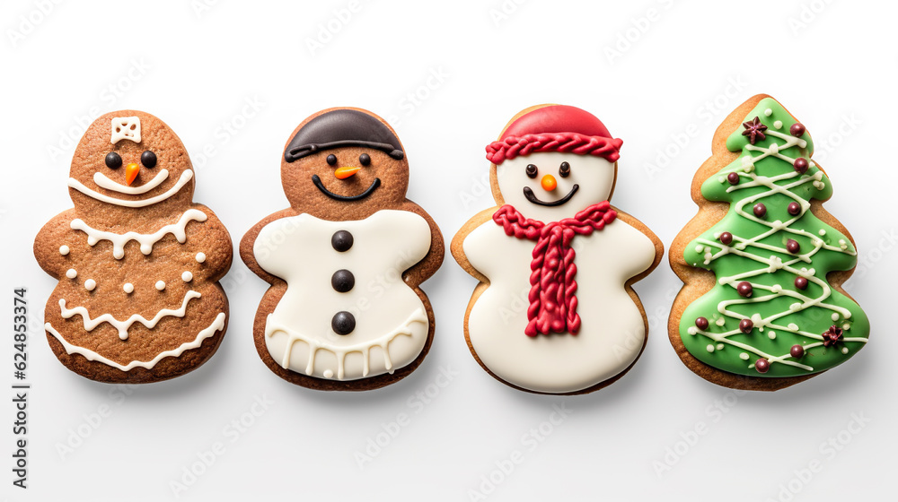 Christmas Cookies, Snowman, X'mas Tree, Gingerbread on White Background Homemade Food Design for Xmas Party Holiday Decoration. created with Generative AI Christmas Cookies, Snowman, X'mas Tree, Gingerbread on White Background Homemade Food Design for Xmas Party Holiday Decoration. created with Generative AI