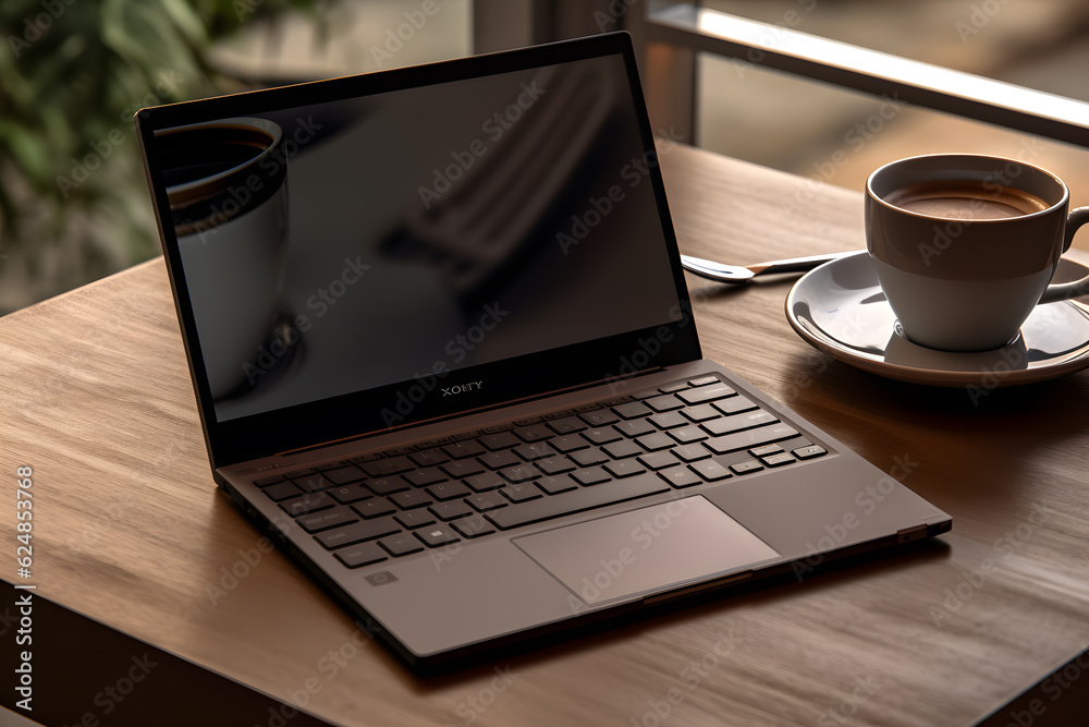 close-up of a laptop keyboard with a coffee mug close-up of a laptop keyboard with a coffee mug