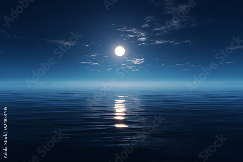 Fotografia An awe-inspiring shot of a full moon rising over a calm ocean, casting a path of shimmering silver on the water's surface