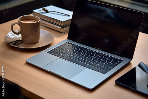 close-up of a laptop keyboard with a coffee mug