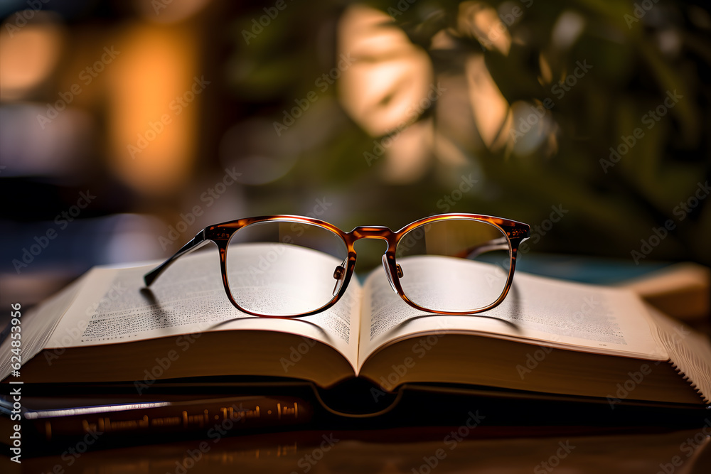 close-up of a pair of glasses on a book close-up of a pair of glasses on a book