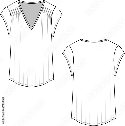 Women Deep v neck Shoulder Pleated Gathering short sleeve t-shirt top flat sketch template drawing