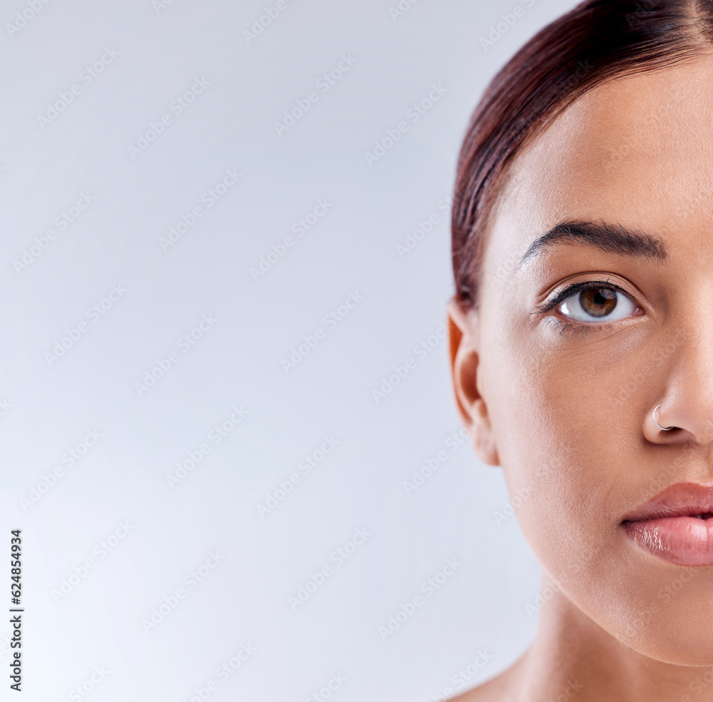 Portrait, mockup or girl with natural beauty or wellness in studio isolated on white background. Dermatology, advertising space or face of woman model with facial skincare cosmetics or glowing shine Portrait, mockup or girl with natural beauty or wellness in studio isolated on white background. Dermatology, advertising space or face of woman model with facial skincare cosmetics or glowing shine