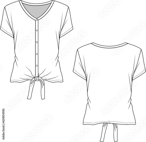 Womens  casual Henley full open Knotted T-shirt top technical flat sketch drawing vector design