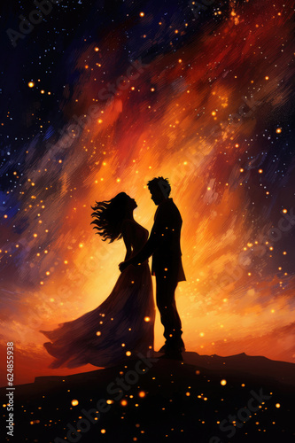 A couple dances in the middle of a sky full of stars