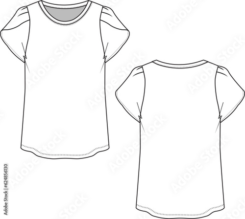 Womens Crew Neck Petal sleeve blouse T-shirt technical flat sketch drawing vector