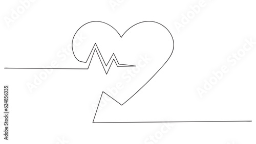 The heart with a visualization of heartbeat is drawn by a single line. Continuous line drawing. Vector