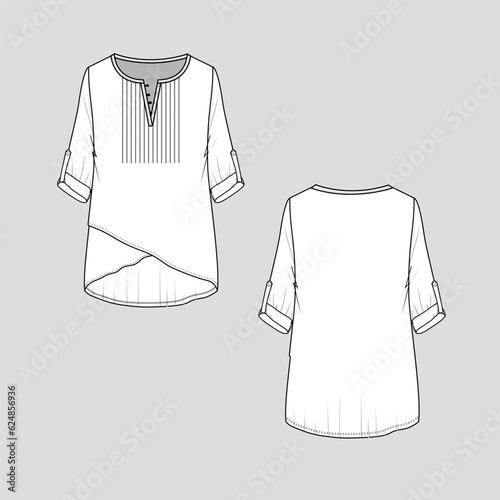 Womens Fashion Henley button panel pleated front crisscross hem roll tab long sleeve blouse top flat sketch technical drawing vector design