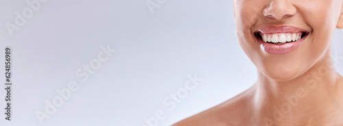 Banner, smile and woman for dentist marketing, advertising healthcare and dental services. Happy, mockup and model or person with mouth and teeth results from surgery isolated on a studiop background