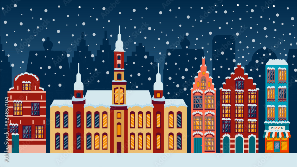Winter street. Night view of the cozy Christmas street of the old town. Cute Dutch houses. Festive New Year background for banner, website, greeting card Winter street. Night view of the cozy Christmas street of the old town. Cute Dutch houses. Festive New Year background for banner, website, greeting card