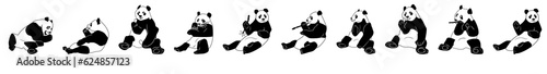 Set of vector hand drawn  cute sitting panda bear illustrations.  Collection black and white icons  panda with a lot of variation