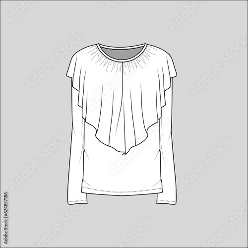 Womens Fashion neck ruffles long sleeve crew neck t-shirt top blouse flat sketch technical drawing vector design