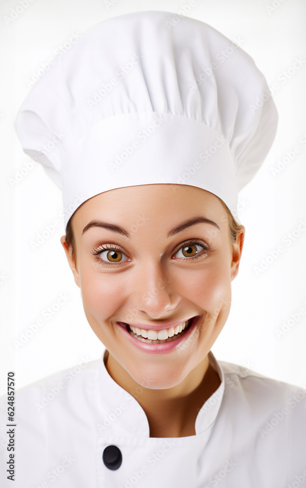 Smiling woman dressed as a chef isolated on white background