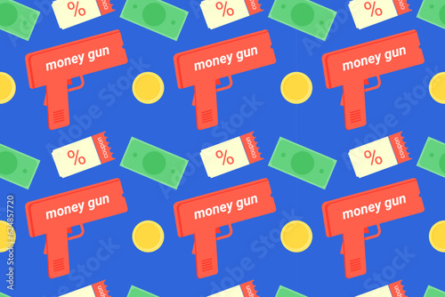 Seamless pattern with a money machine gun, a banknote, a coin and a coupon. Design for textile, fabric and digital paper. Black Friday marketing event banner. Flat vector illustration.