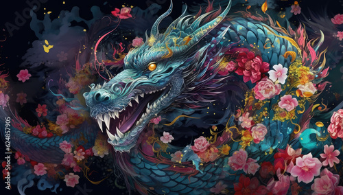 Fantasy Chinese dragon background for new year lunar 2024, generative AI