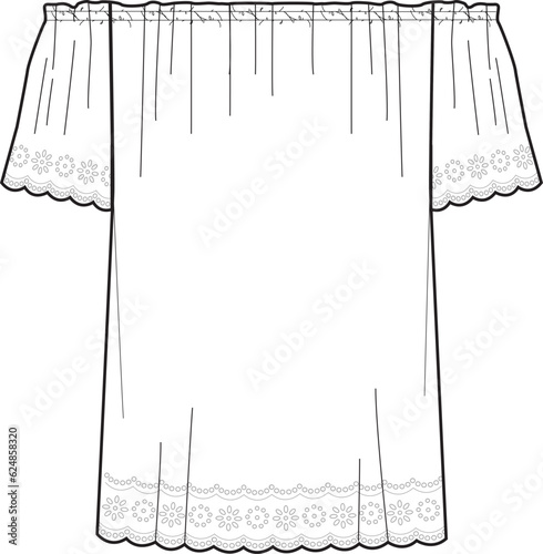 womens gathering top with eyelet embroidery lace sketch vector design-01