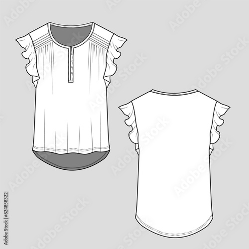 Women henley  neck placket button Shoulder Fancy Pleated Gathering Ruffles sleeve t-shirt top blouse flat sketch template technical drawing design vector