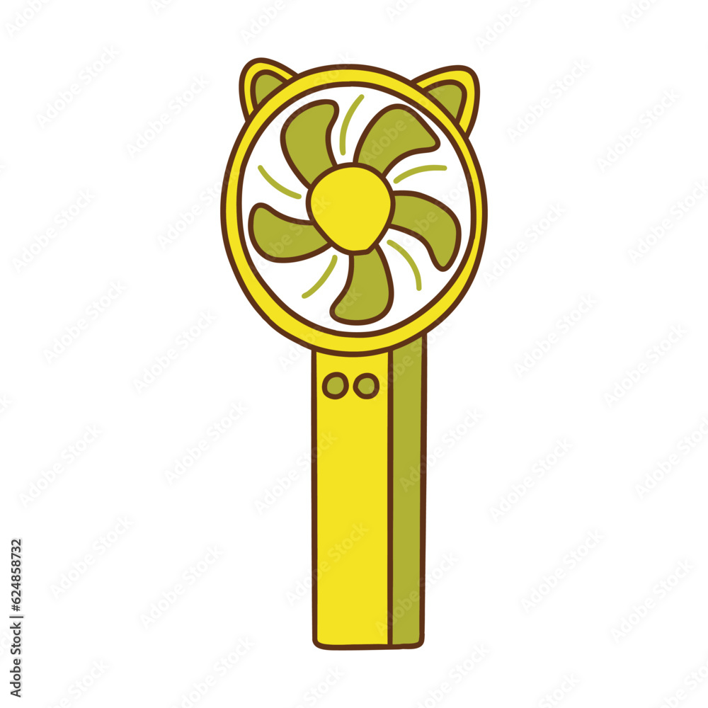 Obraz premium Hand portable small cute fan with battery with ears. Cooling air conditioning unit in hot weather. Colorful vector isolated illustration hand drawn with outline. Icon or card