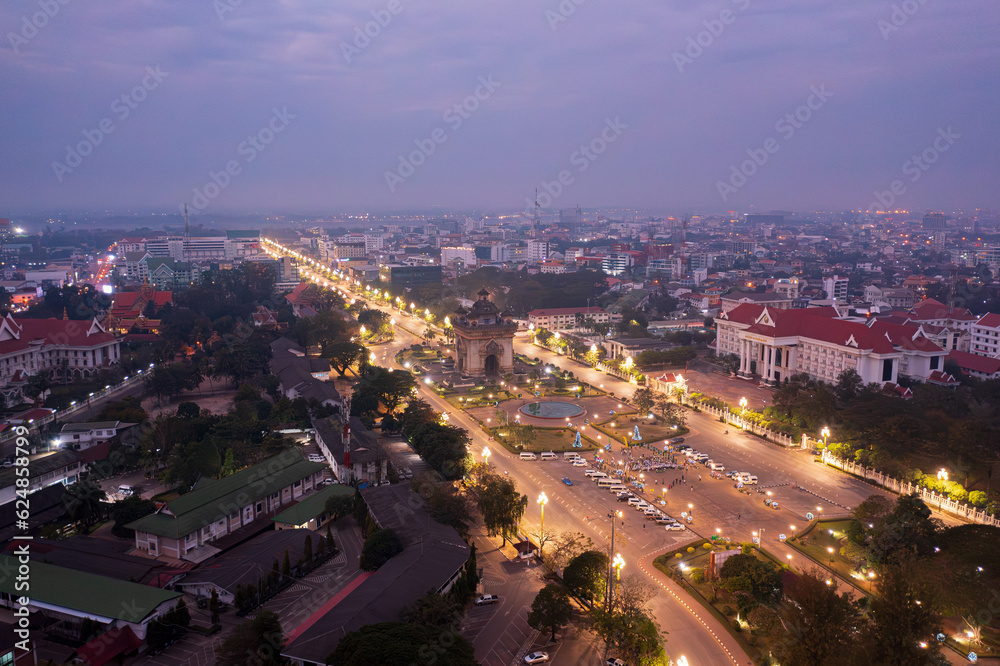 Patuxay landmark in Vientiane, laos on Drone Angle shot