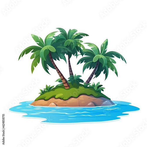 Flat 2D illustration of a small tropical island in the middle of the ocean isolated on white background. Surrounded by clear ocean. The island is overgrown with shrubs and trees such as coconut trees. photo