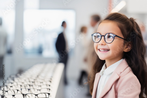 A young girl trying new glasses in an optician photo