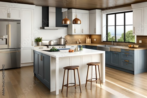 Modern kitchen interior with furniture,kitchen interior with white wall. Modern kitchen interior. 3D rendering © Nyetock