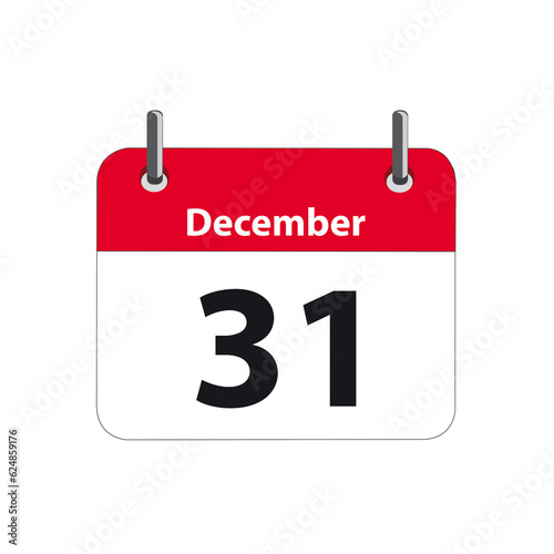 Una página de calendario con la fecha 31 de Diciembre sobre un fondo blanco liso y aislado. Vista de frente y de cerca. Copy space