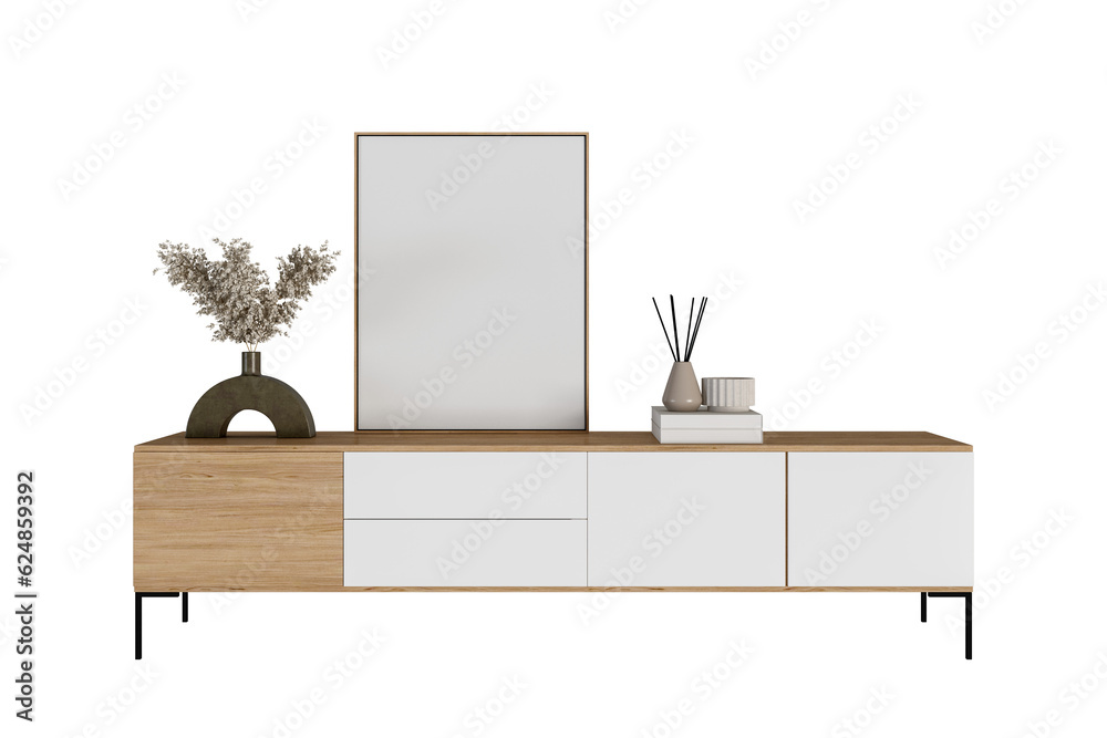 Blank picture frame mockup with dried flower on sideboard on white background	