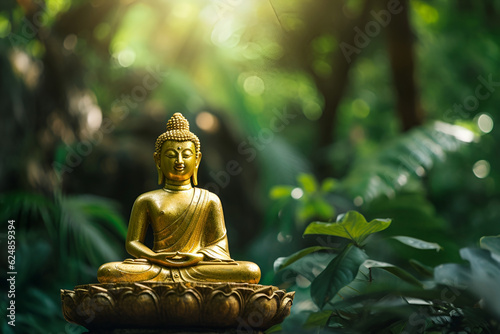 Golden buddha figurine with tropical green forest in bokeh in the background. Generative AI © vladdeep