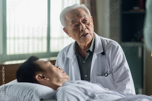 Old Asian senior doctor taking care of a patient on bed