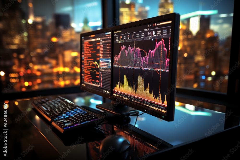 Business stock market, trading, info graphic shown on monitor display screen, office light crystal background. AI Generative Business stock market, trading, info graphic shown on monitor display screen, office light crystal background. AI Generative