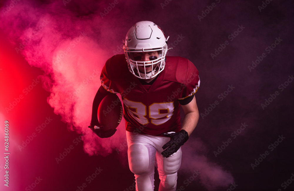 American football player banner with neon lights. Template for a sports magazine on the theme of American football with copy space. Mockup for betting ads.