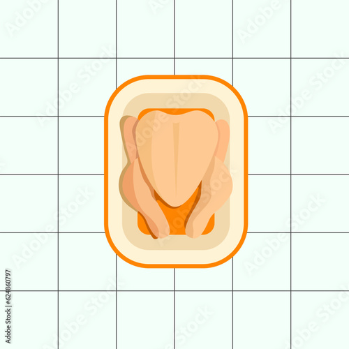Vector illustration of Raw broiler chicken in a ceramic roasting bowl on a table with tiles