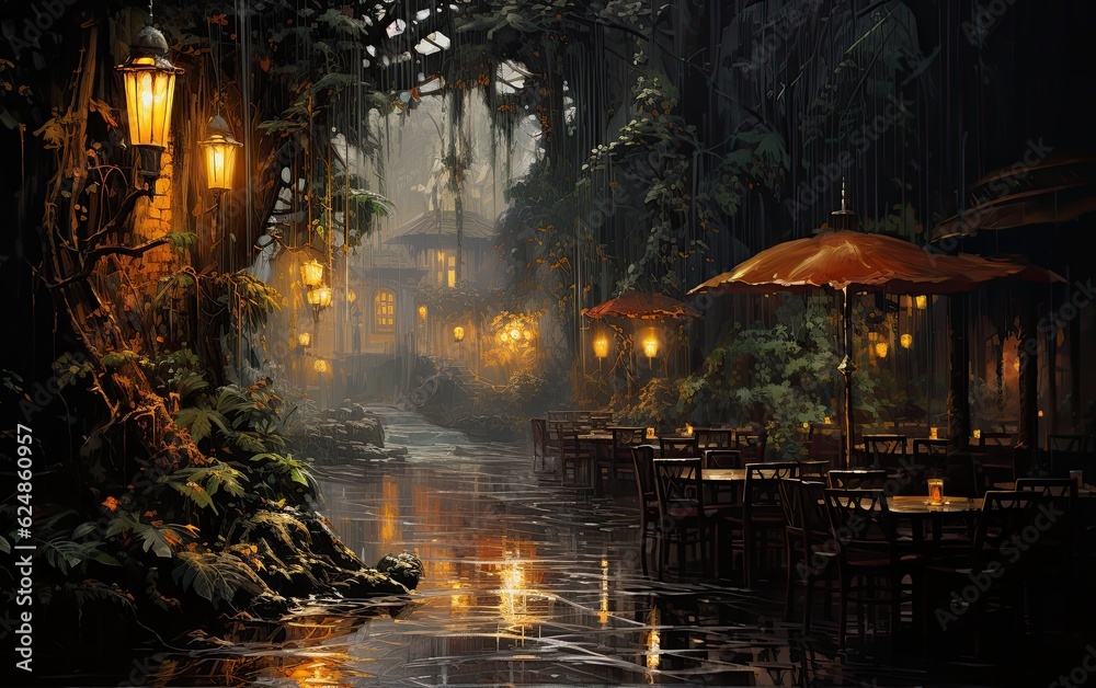 A capturing the essence of a jungle cafe with clean lines.