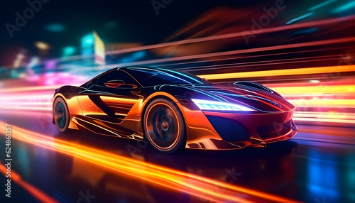 Fast Moving Sports Neon Car On Neon Style Highway. Most Powerful acceleration of a supercar with Colorful Lights Tails Background. Generative AI.