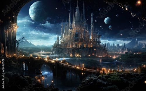 View of the city of alien s castle with planets.