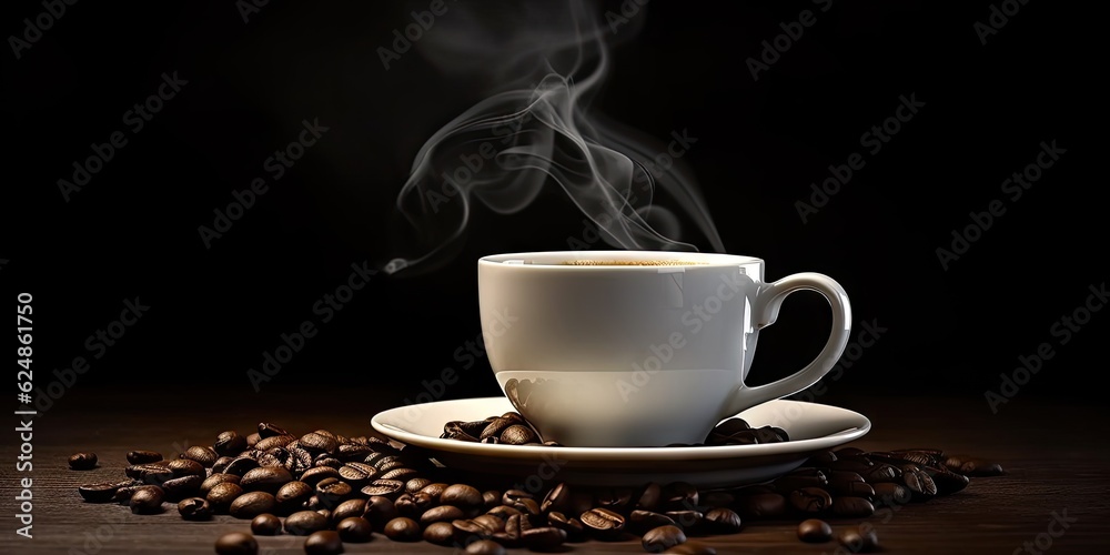 White Coffee Cup on Black Table with Coffee Beans. Closeup Background with Copy Space White Coffee Cup on Black Table with Coffee Beans. Closeup Background with Copy Space